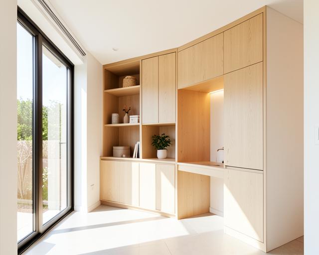 Compact ADU interior with built-in walnut storage and workspace