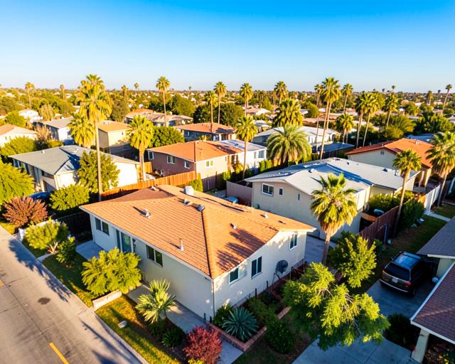 Aerial dusk view of Southern California lots with zoning lines